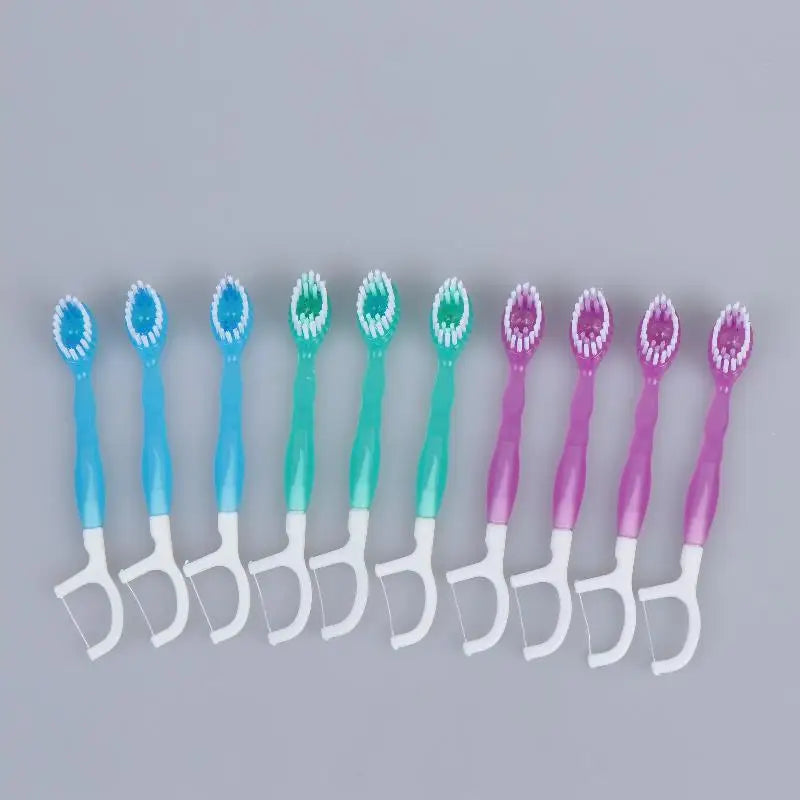 10-Pack 2-in-1 Dental Floss Toothbrushes – Soft Nylon Bristles