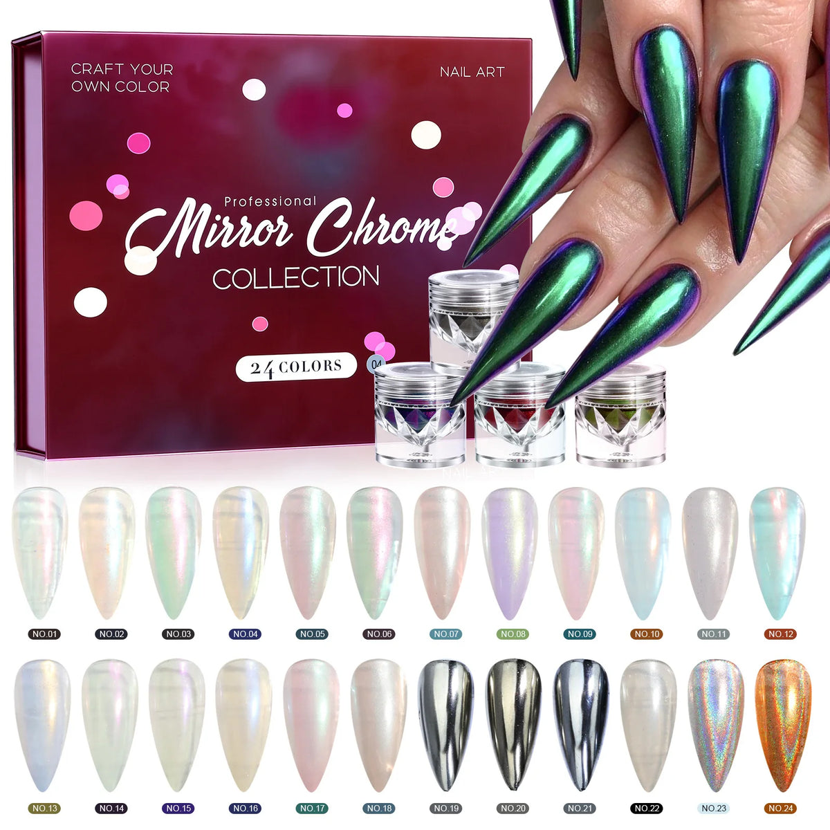 24-Color Opal Mirror Nail Powder – Laser Glitter Pigment Set