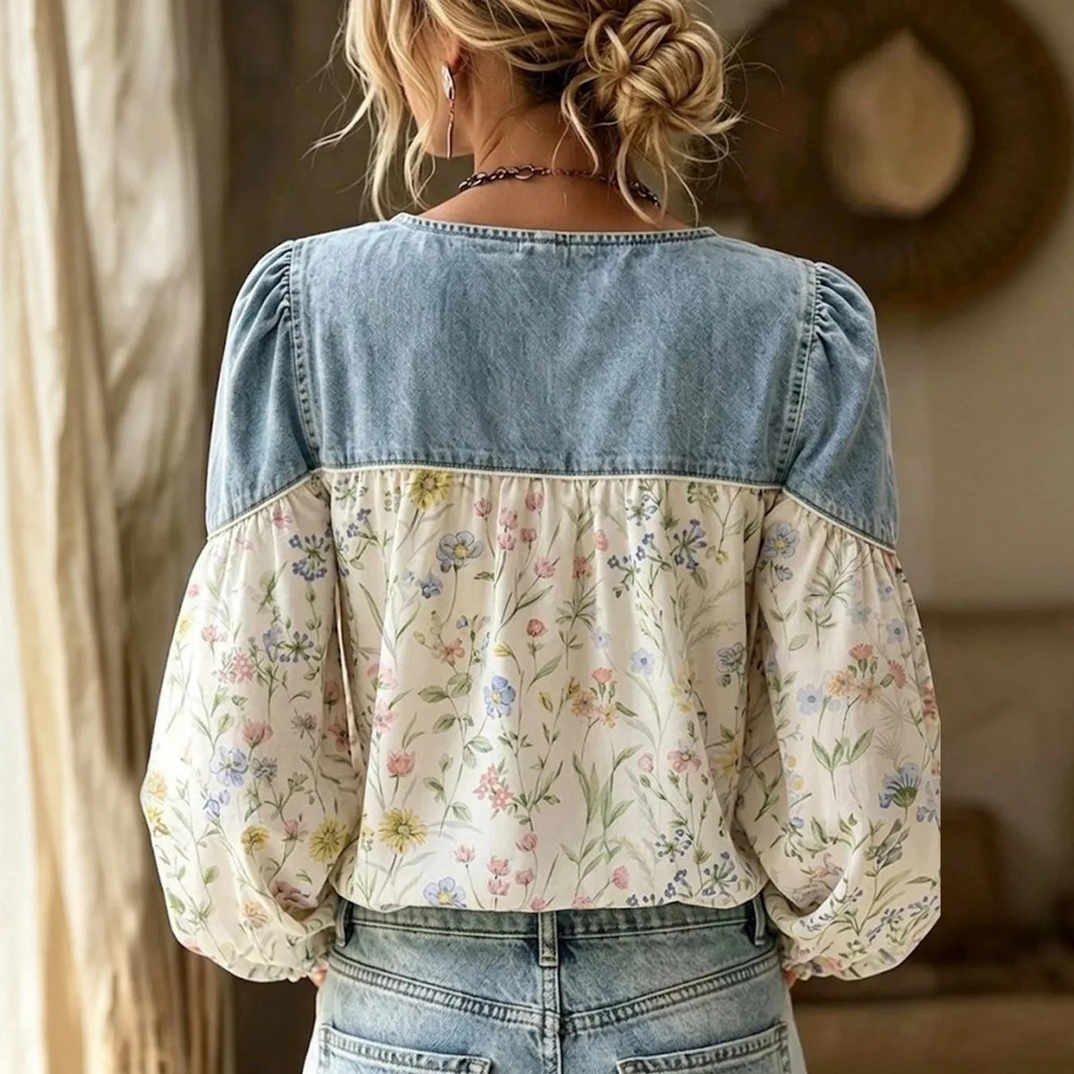 Women's Vintage Floral Boho Blouse V-Neck Puff Sleeve Patchwork