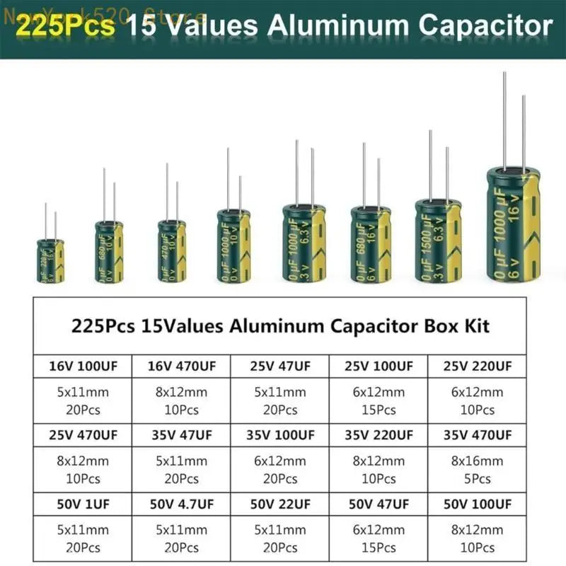 225PCS Aluminum Electrolytic Capacitor Kit – 15 Values 16V–50V