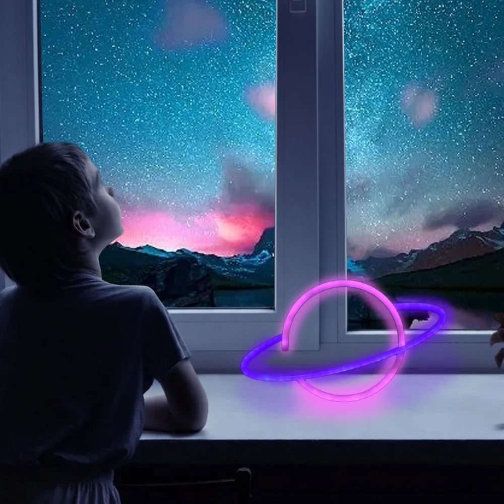Planet LED Neon Sign – USB & Battery Pink Blue Wall Light