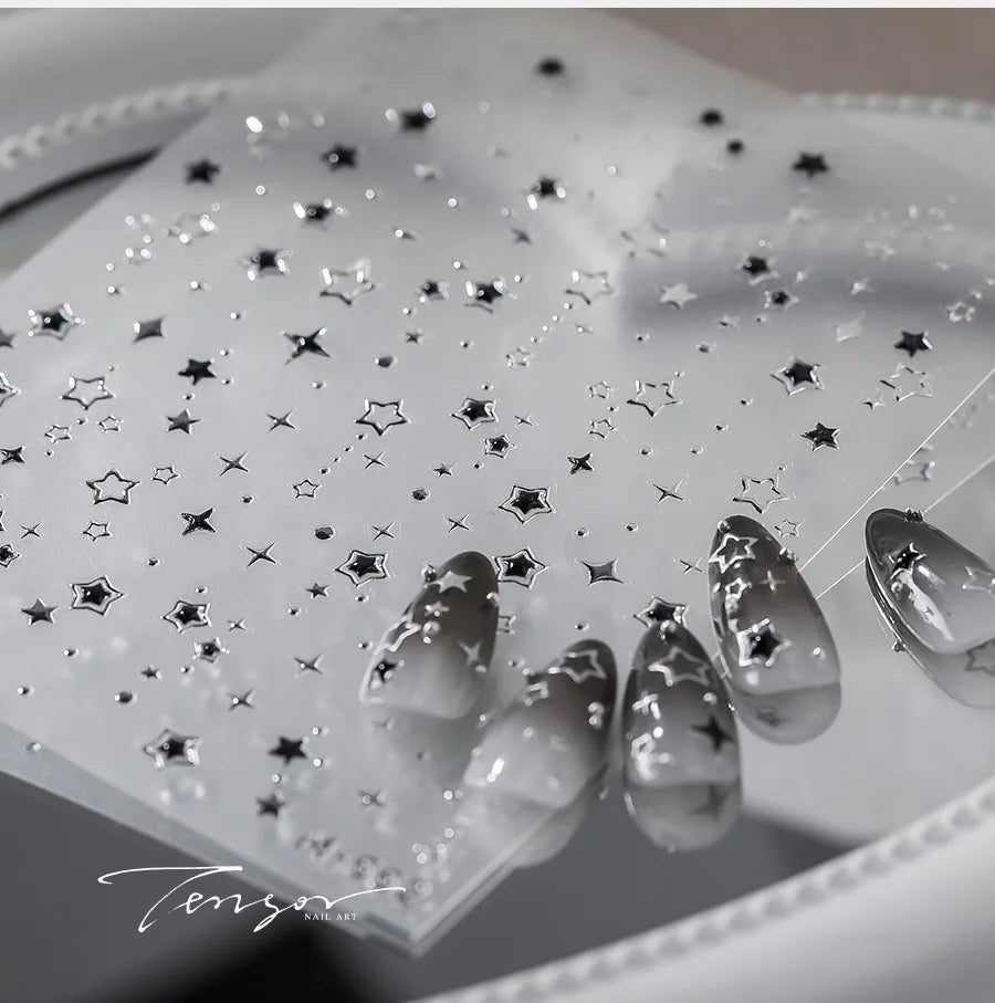 5D Luxury Star Nail Stickers – Black Silver Gilding Decals