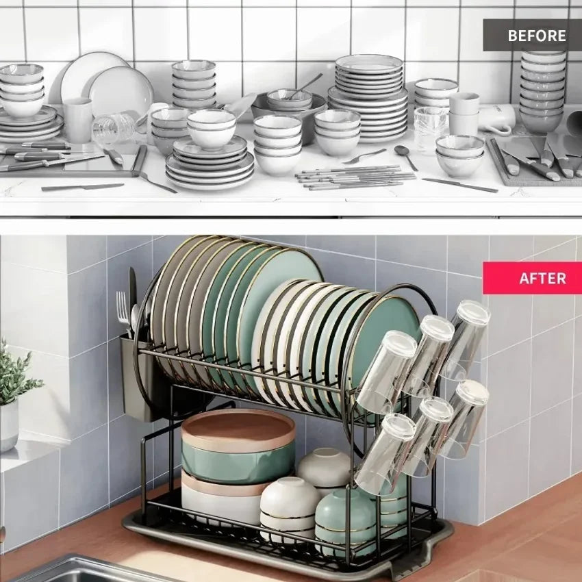 2-Tier Dish Drying Rack with Drain Board & Utensil Holder