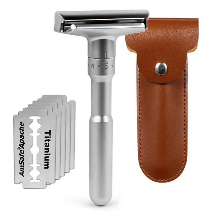 Adjustable Double Edge Safety Razor for Men + 5 Blades & PU Bag