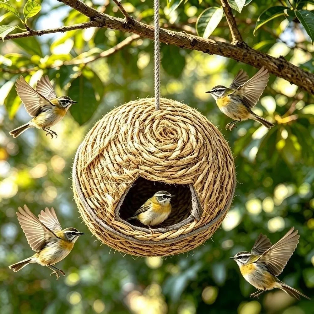Hand-Woven Grass Bird House – Breathable Hanging Outdoor Nest
