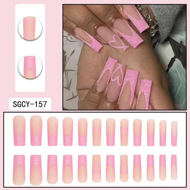 24Pcs Press On Nails with Glue – Long Acrylic False Nail Tips