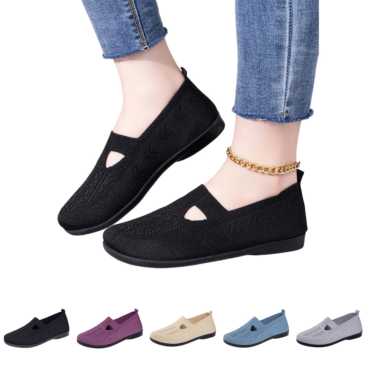 Women's Knit Slip-On Loafers – Breathable Lightweight Flat Shoes