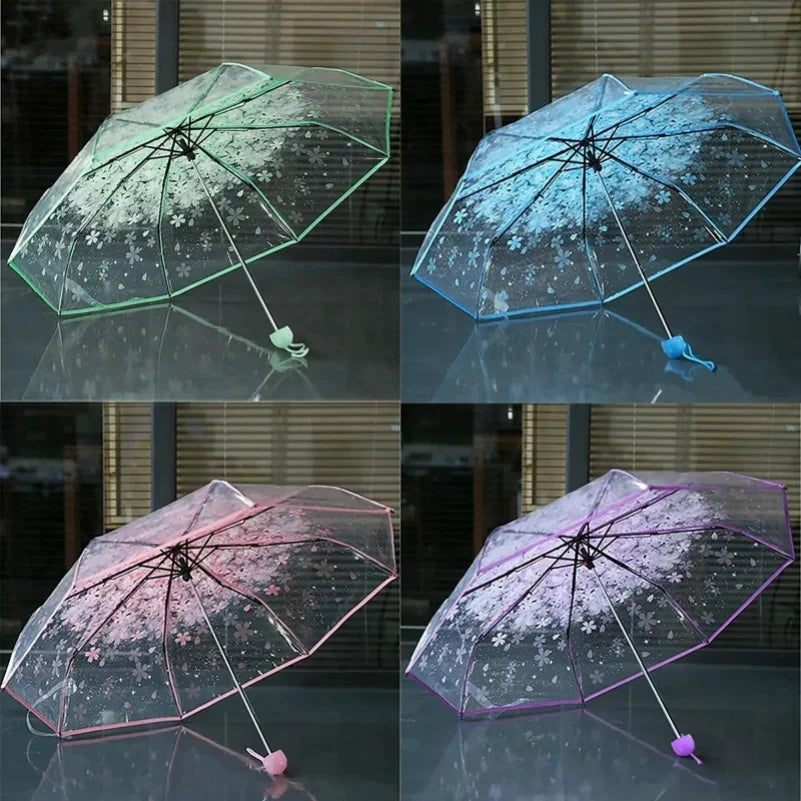 Transparent Cherry Blossom Folding Umbrella – UV & Rain
