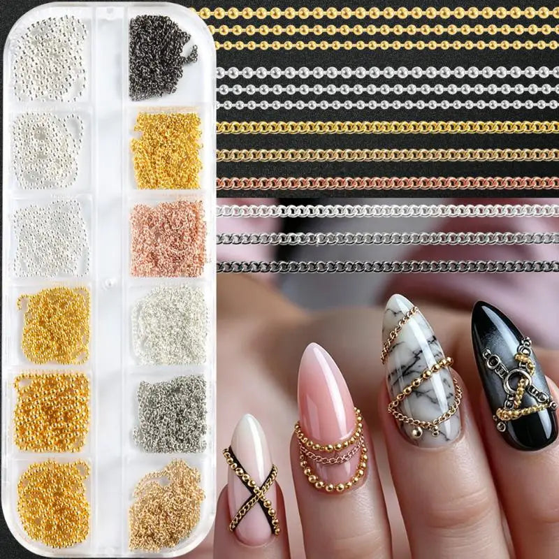 12-Grid Metal Nail Art Chains Gold Silver Black 3D Charms