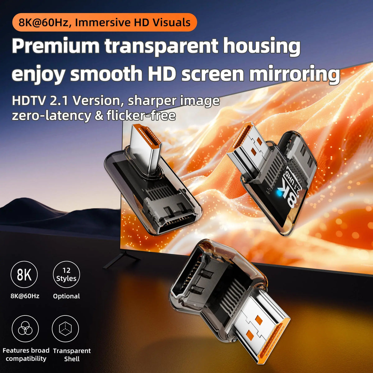 8K@60Hz HDMI 2.1 Right-Angle Adapter 90 270 360° Male to Female