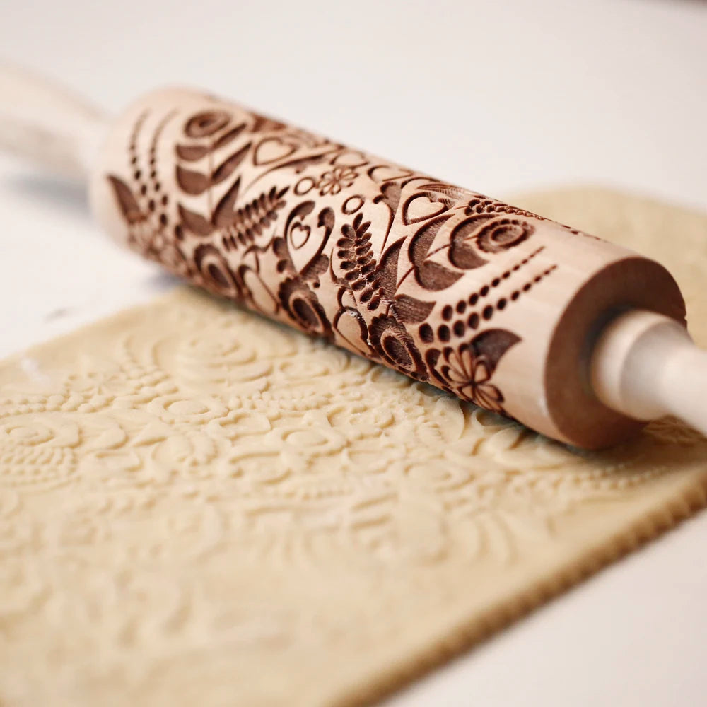 Arjmide 3D Embossed Wooden Rolling Pin – Sunflower Pattern