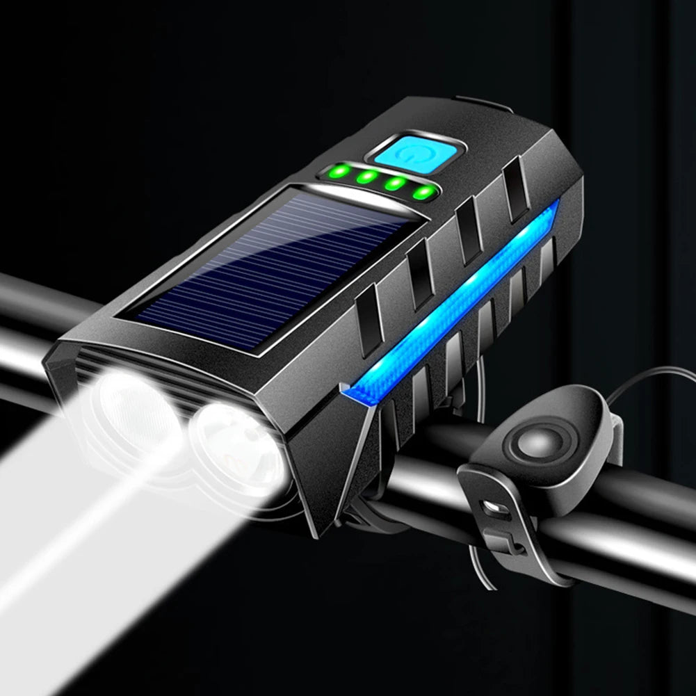 Solar USB Rechargeable Bike Light with 130dB Horn & Display