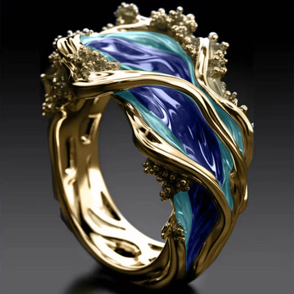 Wavy Ocean Ring Gold Blue Green Fashion Statement Ring