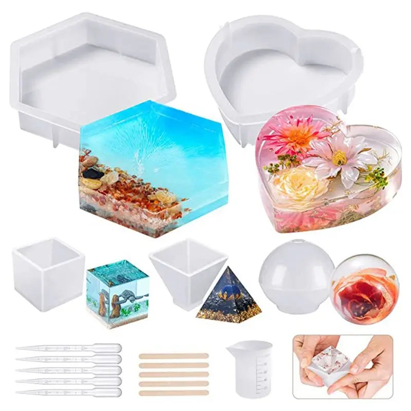 Large Silicone Resin Molds Kit – Hexagon, Heart, Sphere 16pc Set