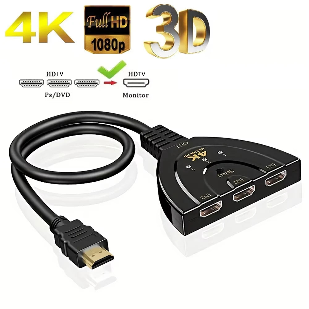 3-Port HDMI Switch 4K Splitter for TV Xbox PS3 PS4 | Plug & Play