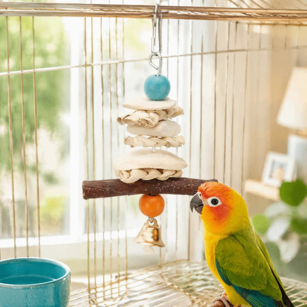 Parrot Cuttlebone Chew Toy with Bell – 15cm Hanging Cage