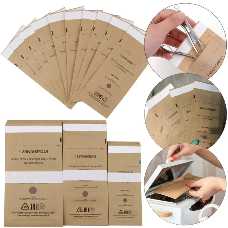 100Pcs Disposable Sterilization Bags for Nail Tools | Kraft Paper
