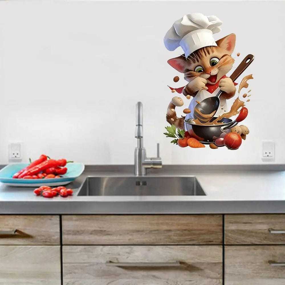 Cartoon Chef Cat Kitchen Wall Decal – Self-Adhesive PVC Sticker