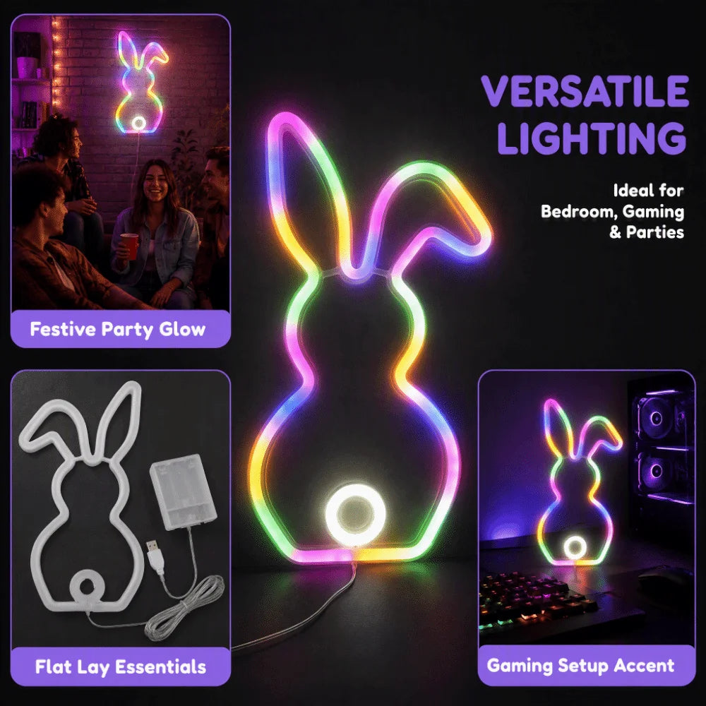 LED Bunny Neon Sign USB Battery Powered Wall Decor Light