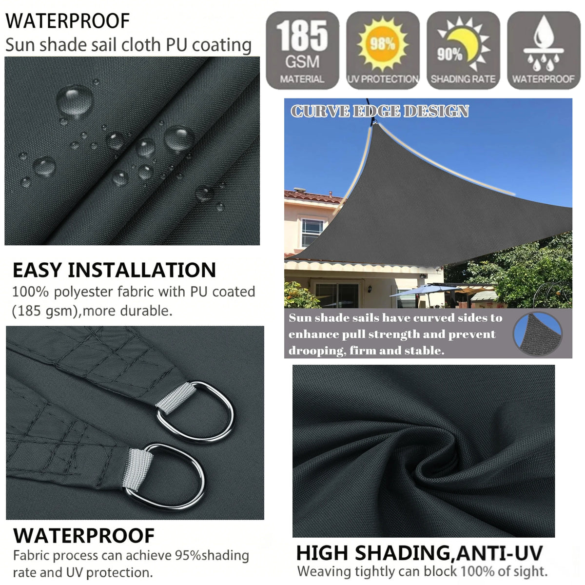 Triangle Sun Shade Sail Waterproof 98% UV Block Outdoor Canopy