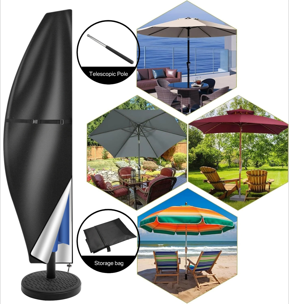 Waterproof Garden Parasol Cover 210D PU Coating with Zipper