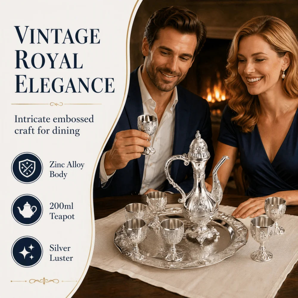 8-Pc Vintage Embossed Alloy Drinkware Set with Iron Tray