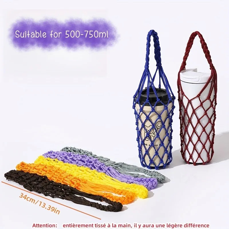 Handwoven Reusable Cylindrical Mesh Bottle Carrier Bag