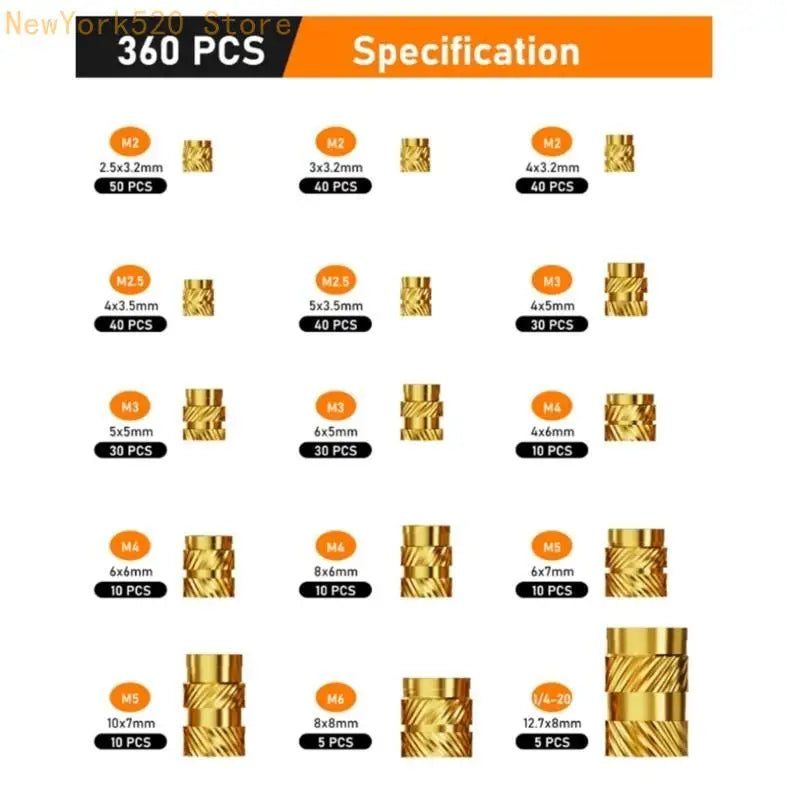 335/360-Pc Brass Threaded Insert Set M2–M6 for Plastic