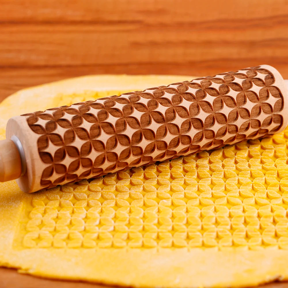 Wooden Embossed Rolling Pin – Butterfly & Floral Cookie Stamp