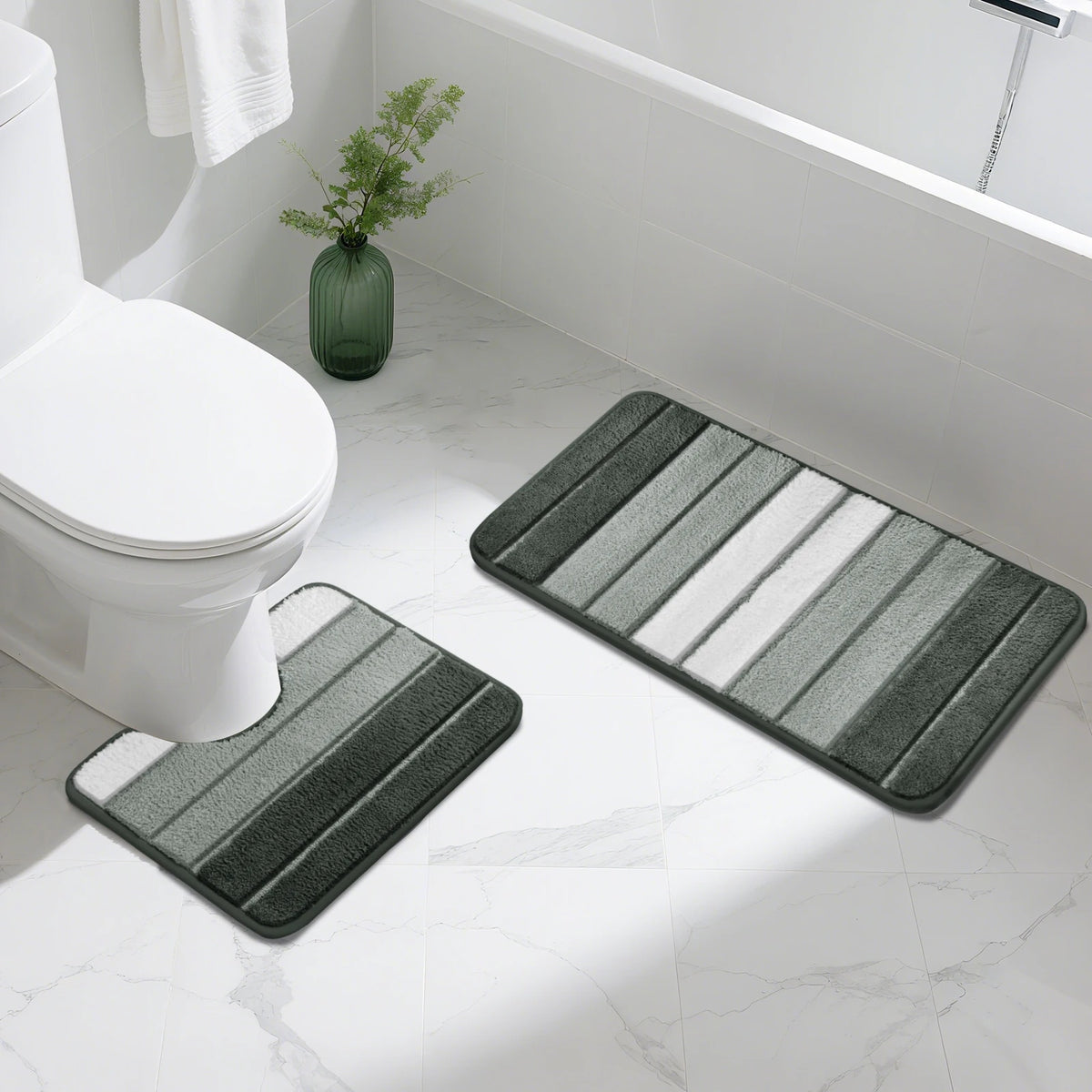 Striped Microfiber Bath Mat Set – Non-Slip Absorbent Shower Rugs