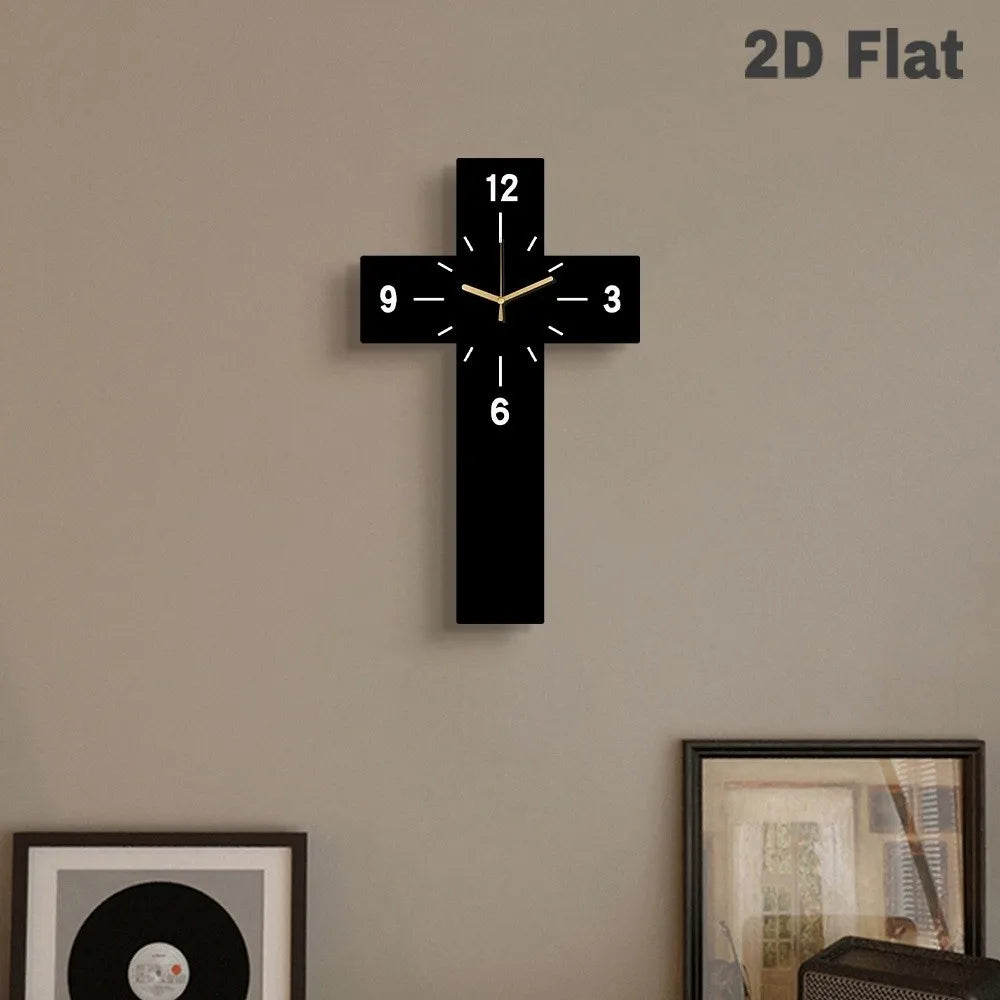 Vintage Solid Wood Cross Wall Clock – Silent Quartz
