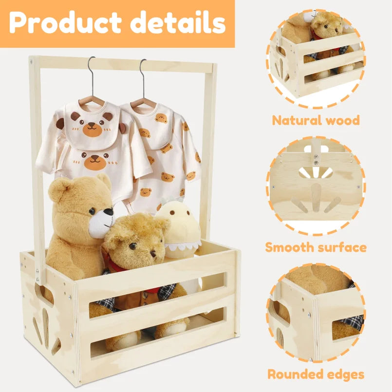 Wood Baby Storage Crate Basket with Portable Handle
