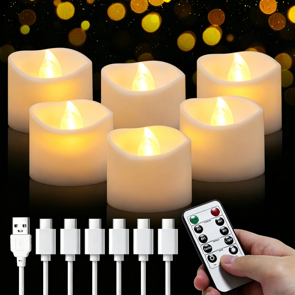 Rechargeable Flameless LED Tealight Candles Remote Timer – 6 Pack