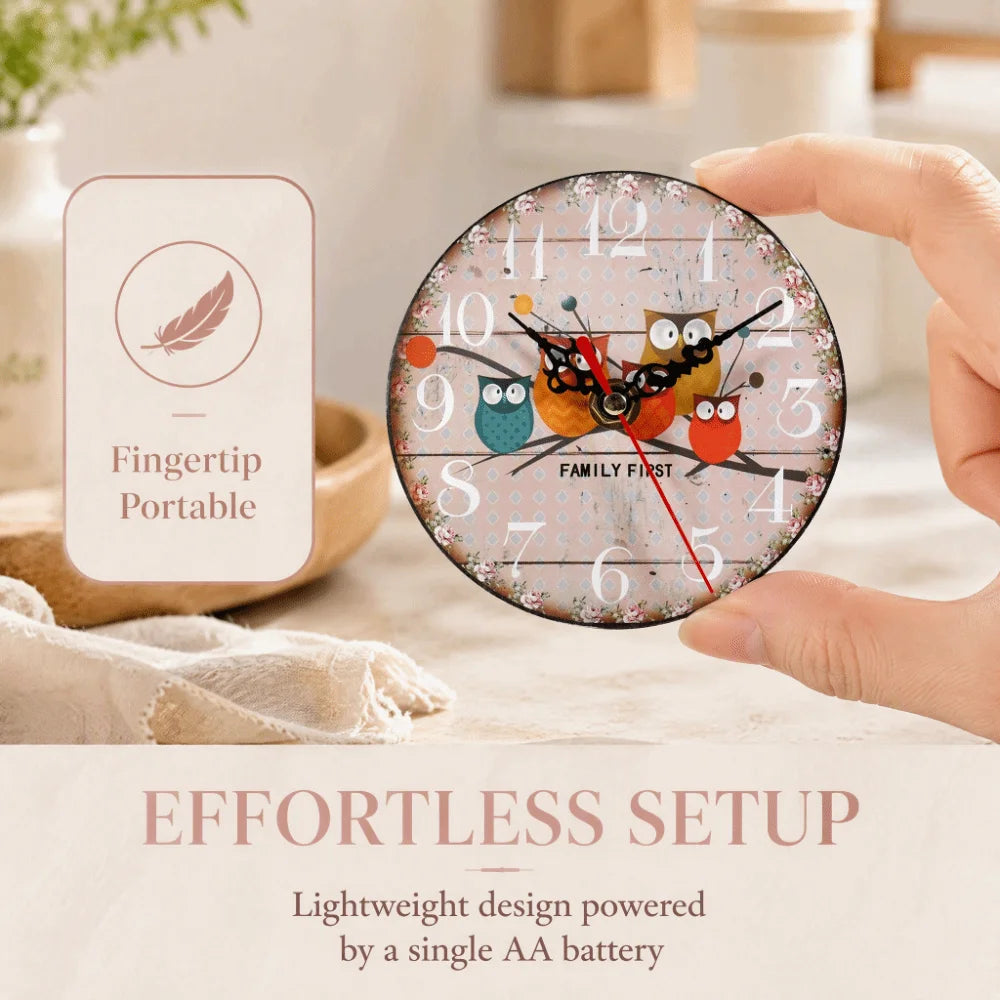 Wooden Owl Wall Clock 4.72in Round Quartz Desk & Wall Clock