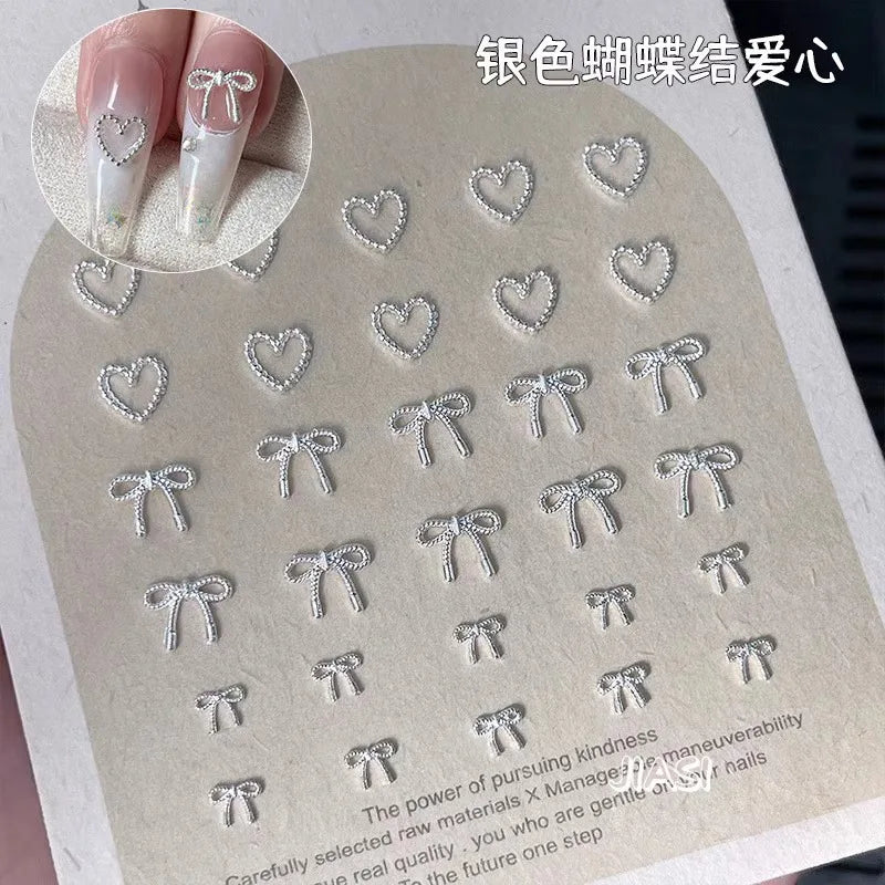 50pcs 3D Alloy Bow Heart Nail Charms Silver DIY Nail Art