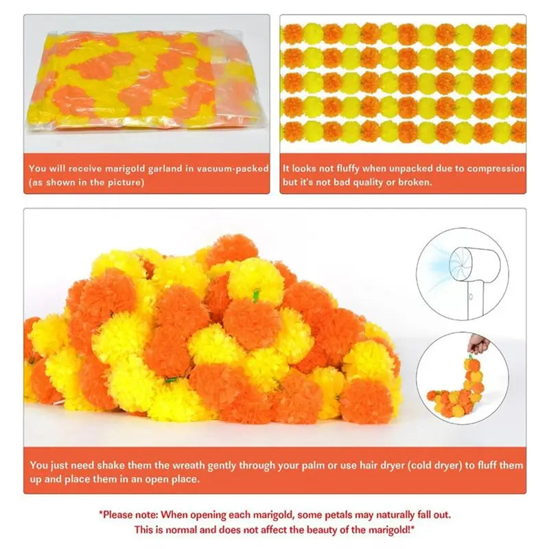 Artificial Marigold Garland 5Pcs 5 Ft – Orange & Yellow Décor