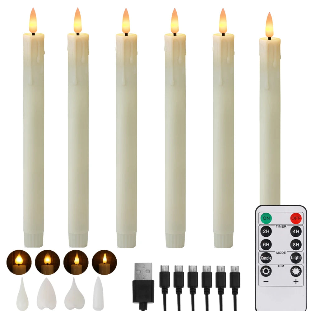 6-Pack Rechargeable Flameless Taper Candles 9.6" Remote & Timer