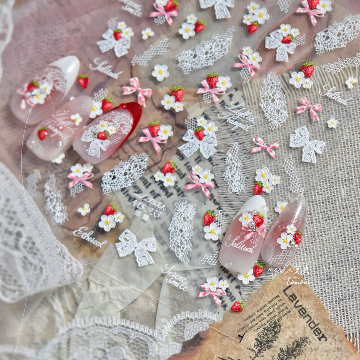 Ballet Nail Stickers – Lace Bow & Strawberry DIY Nail Decals