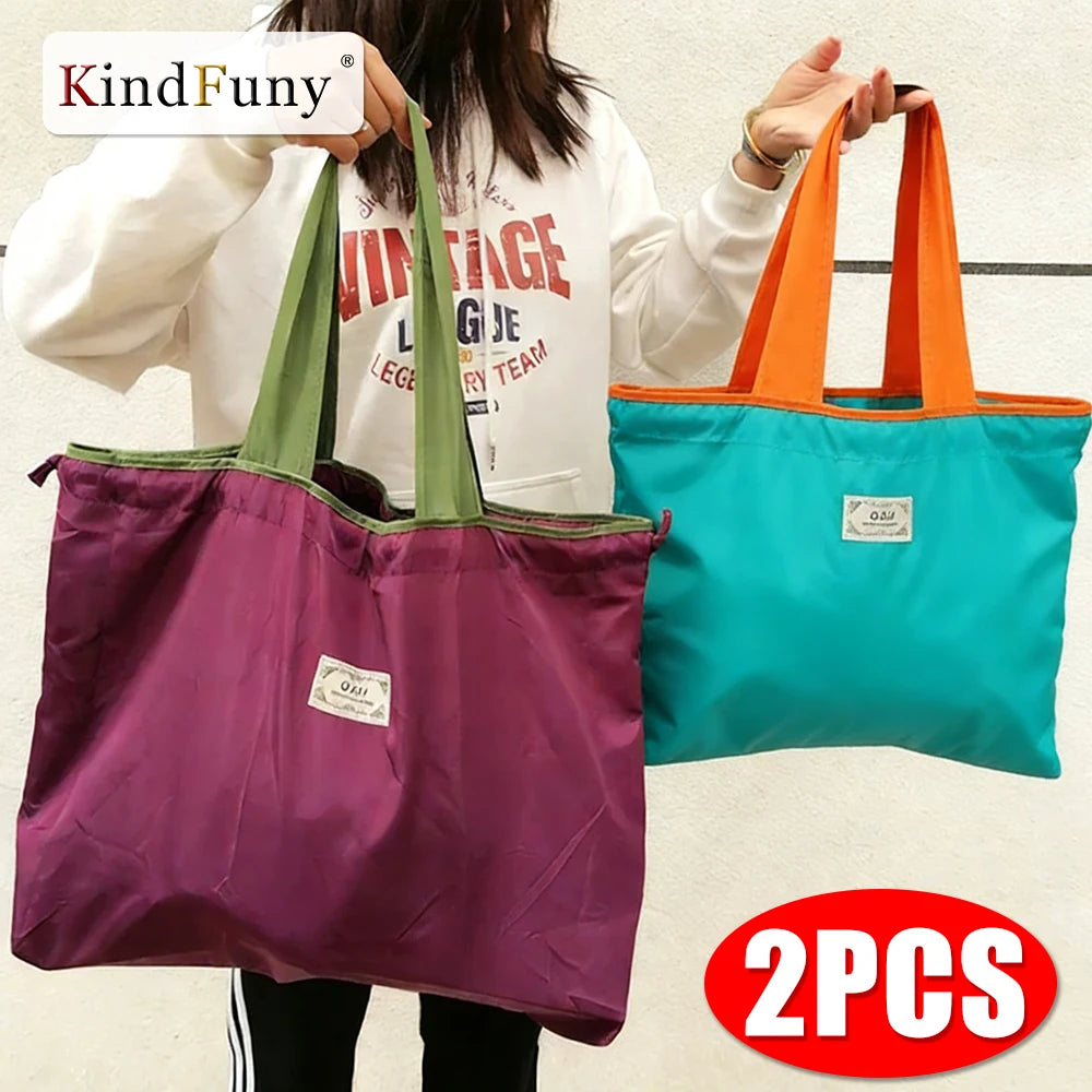 KindFuny Foldable Drawstring Tote Reusable Grocery Shopping Bag