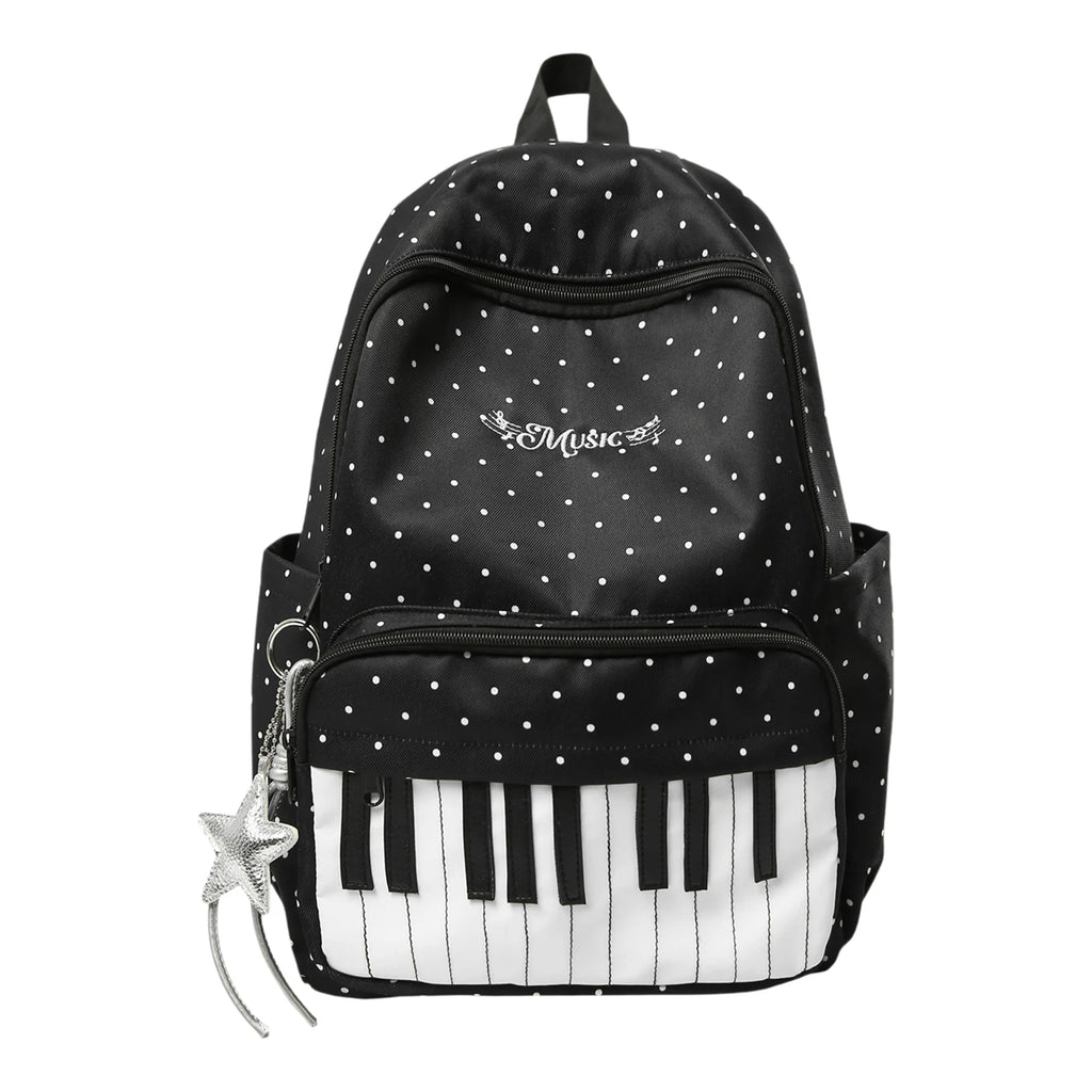 Women's Nylon Backpack Polka Dot Piano Key Design with Pendant