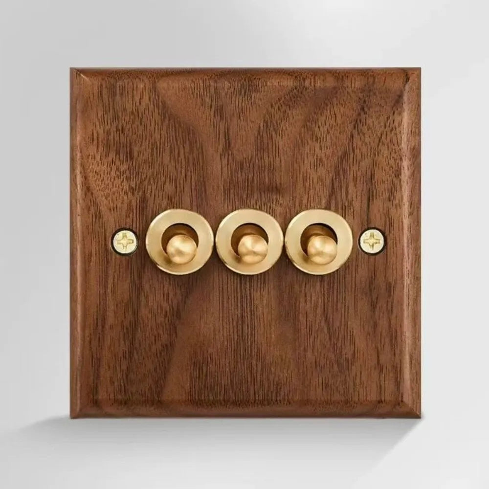 Walnut Wood Brass Toggle Wall Switch & Socket Panel 86mm