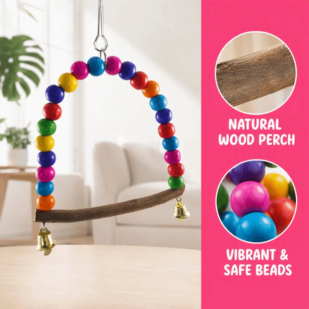 Colorful Wooden Bird Swing Toy with Bells – Parrot Perch