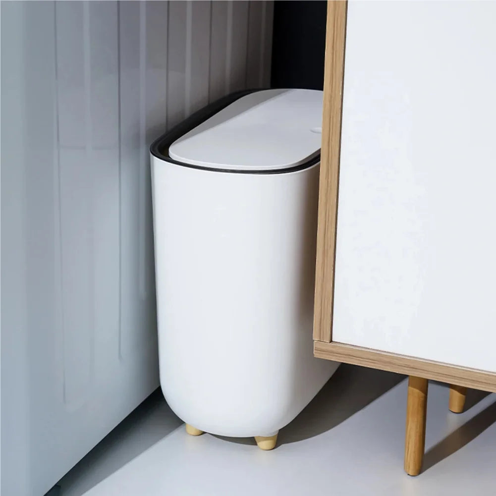 Narrow Press-Top Trash Can with Lid for Bathroom Gaps