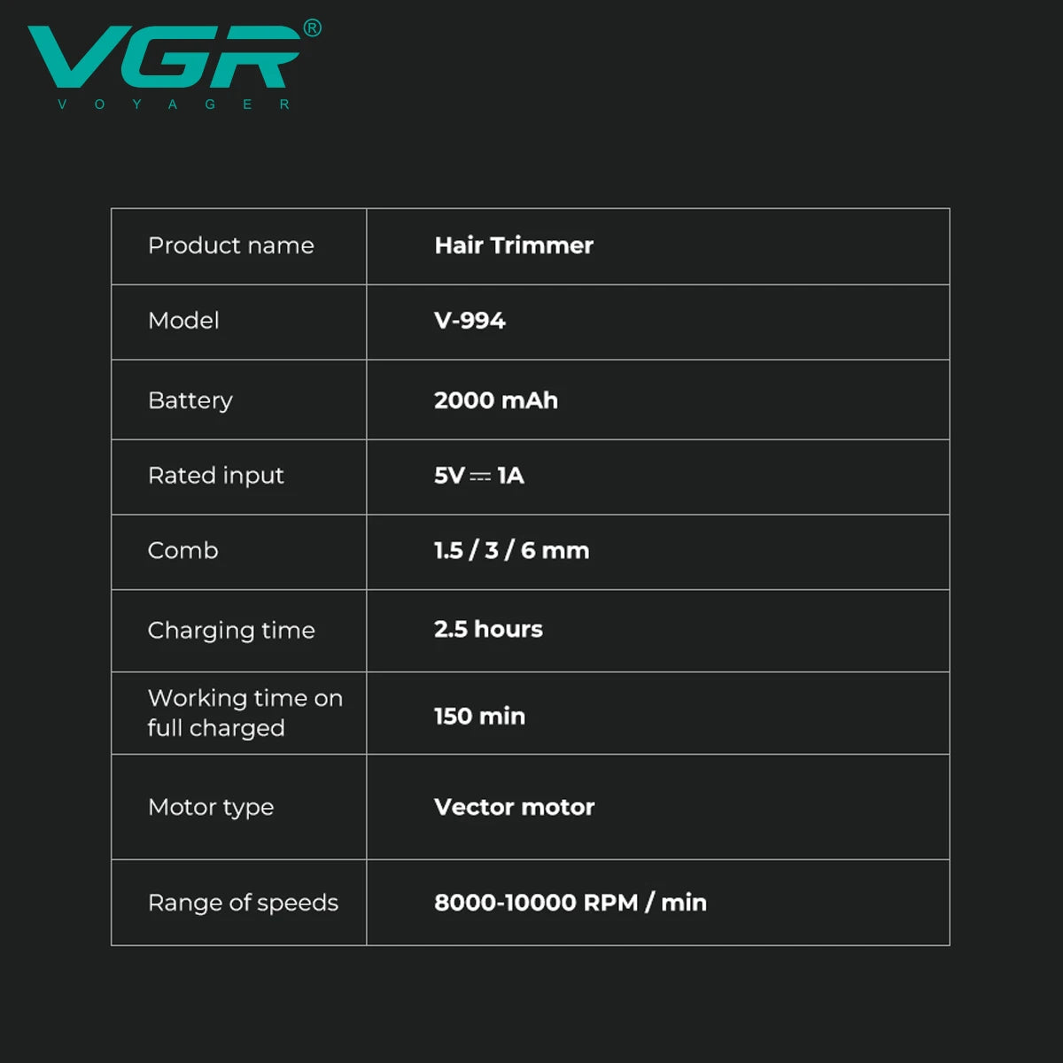 VGR V-994 Professional Hair Clipper 10000 RPM Metal Body