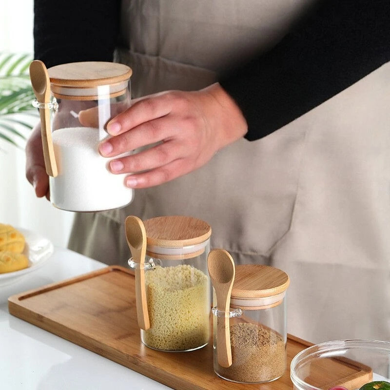 Glass Spice Jars with Bamboo Lid & Spoon – Airtight Canisters