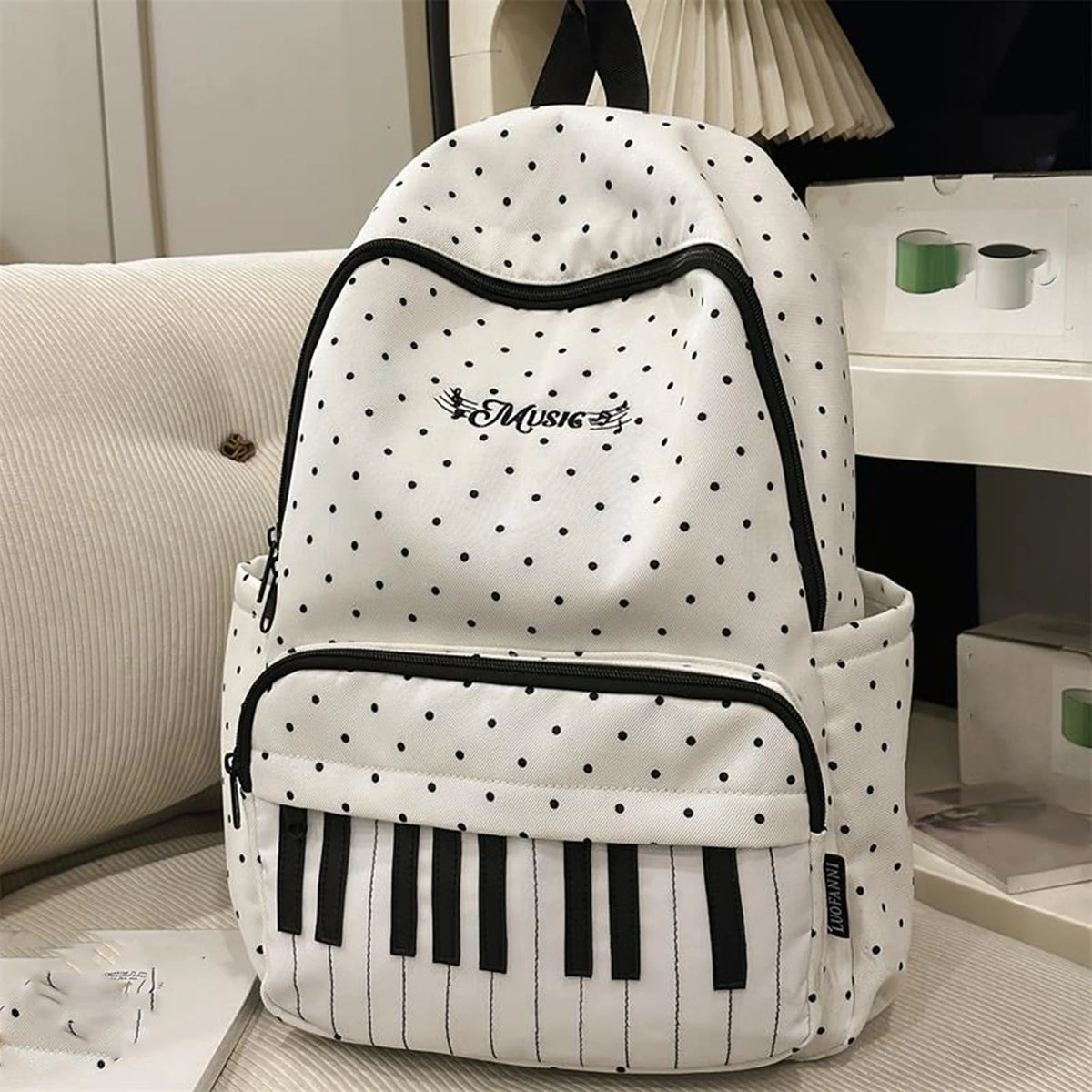 Women's Nylon Backpack Polka Dot Piano Key Design with Pendant