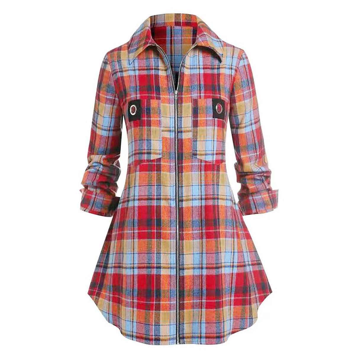 Women's Plaid Long Sleeve Shirt Dress – Lapel Collar & Pockets