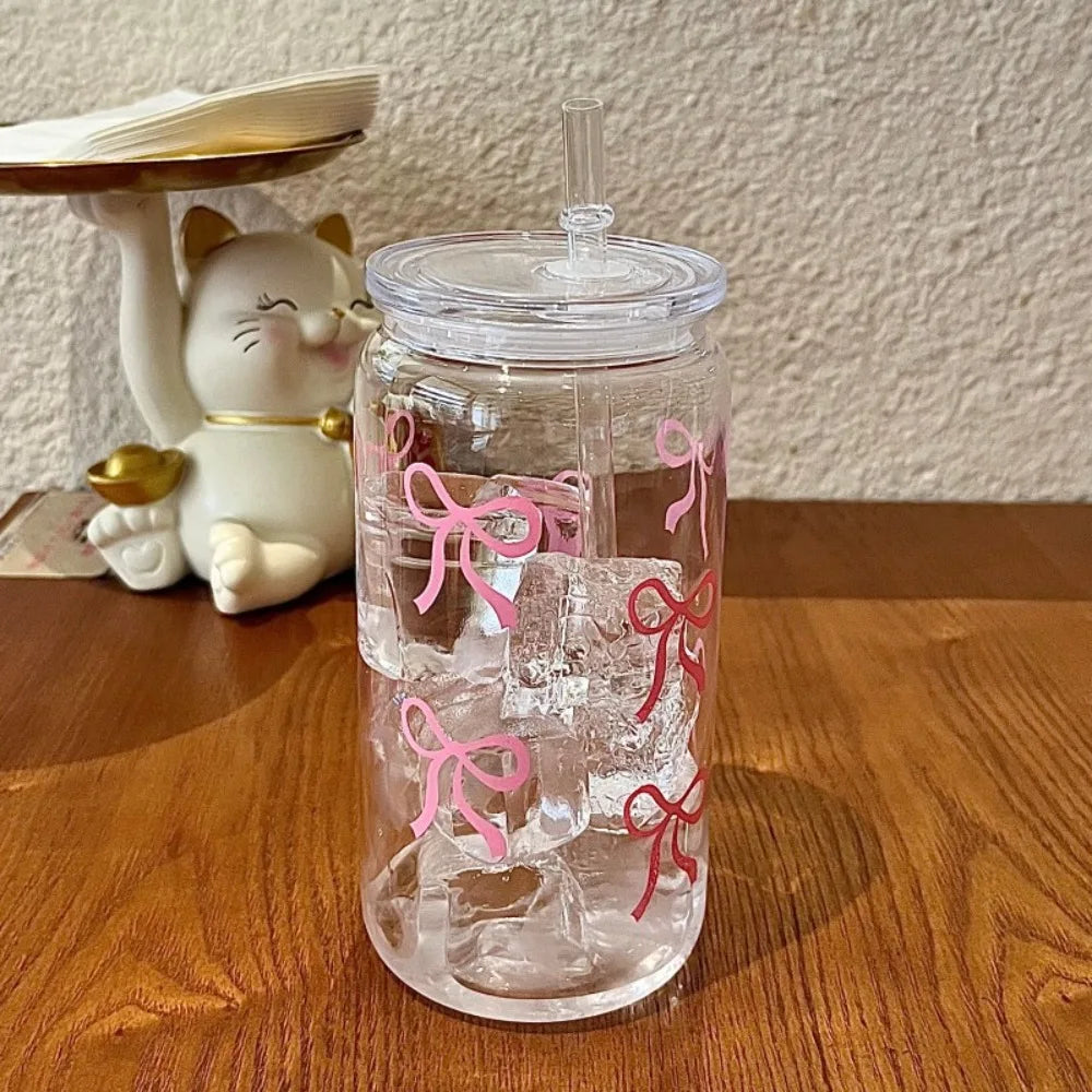 500ml Plastic Cup with Lid & Straw – Bowknot Pattern | VIBE