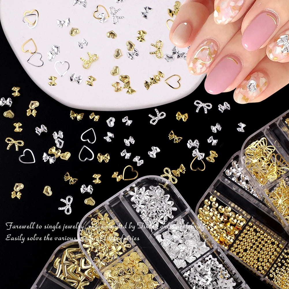 12-Grid 3D Nail Charms Gold Silver Punk Metal Art Decorations