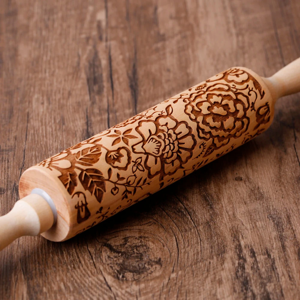 Wooden Embossed Rolling Pin – Butterfly & Floral Cookie Stamp